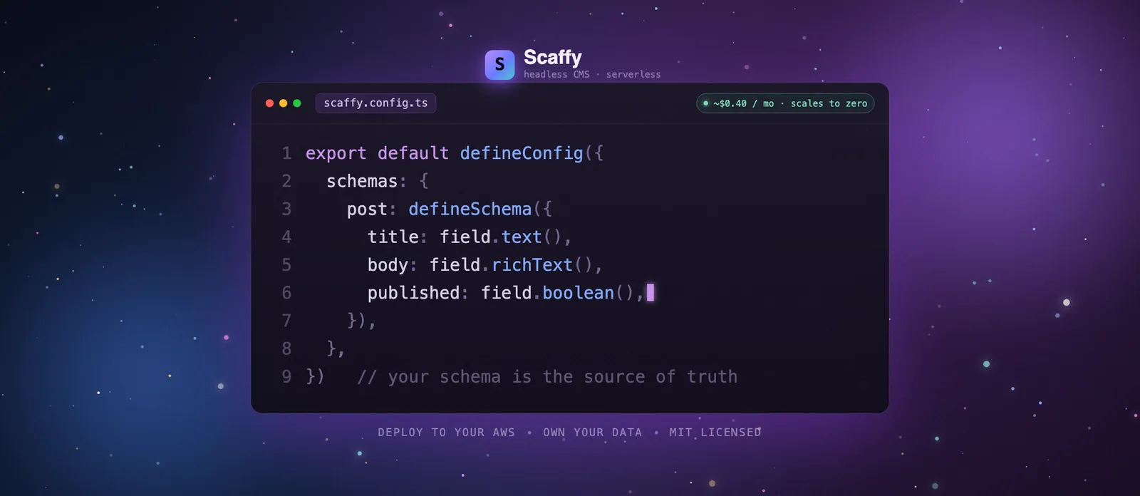 A scaffy.config.ts file defining a content schema in TypeScript